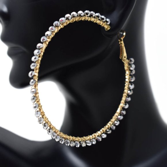 Thin Wired Hematite Gray Crystal Beads Earrings - Picture 2 of 12